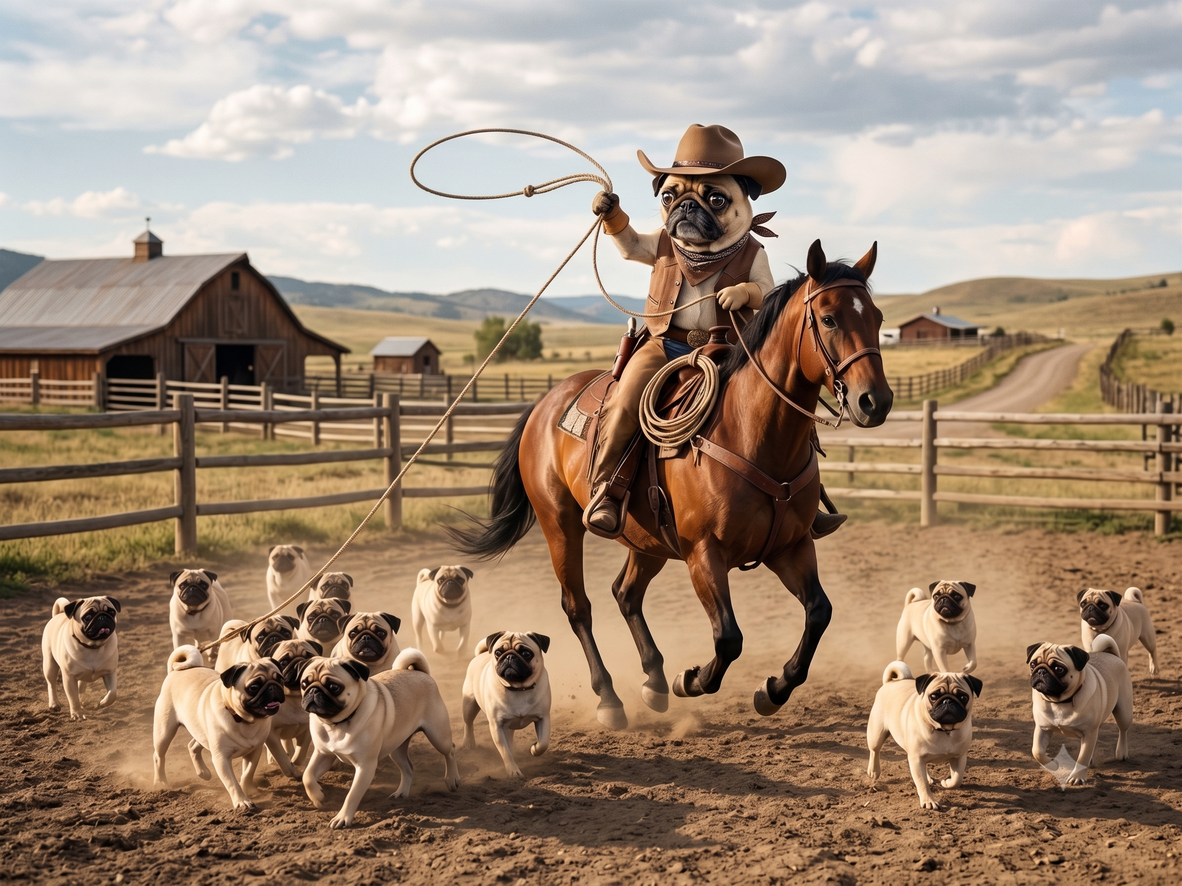 A pug dressed as a cowboy riding a horse, herding a pack of pugs across the ranch